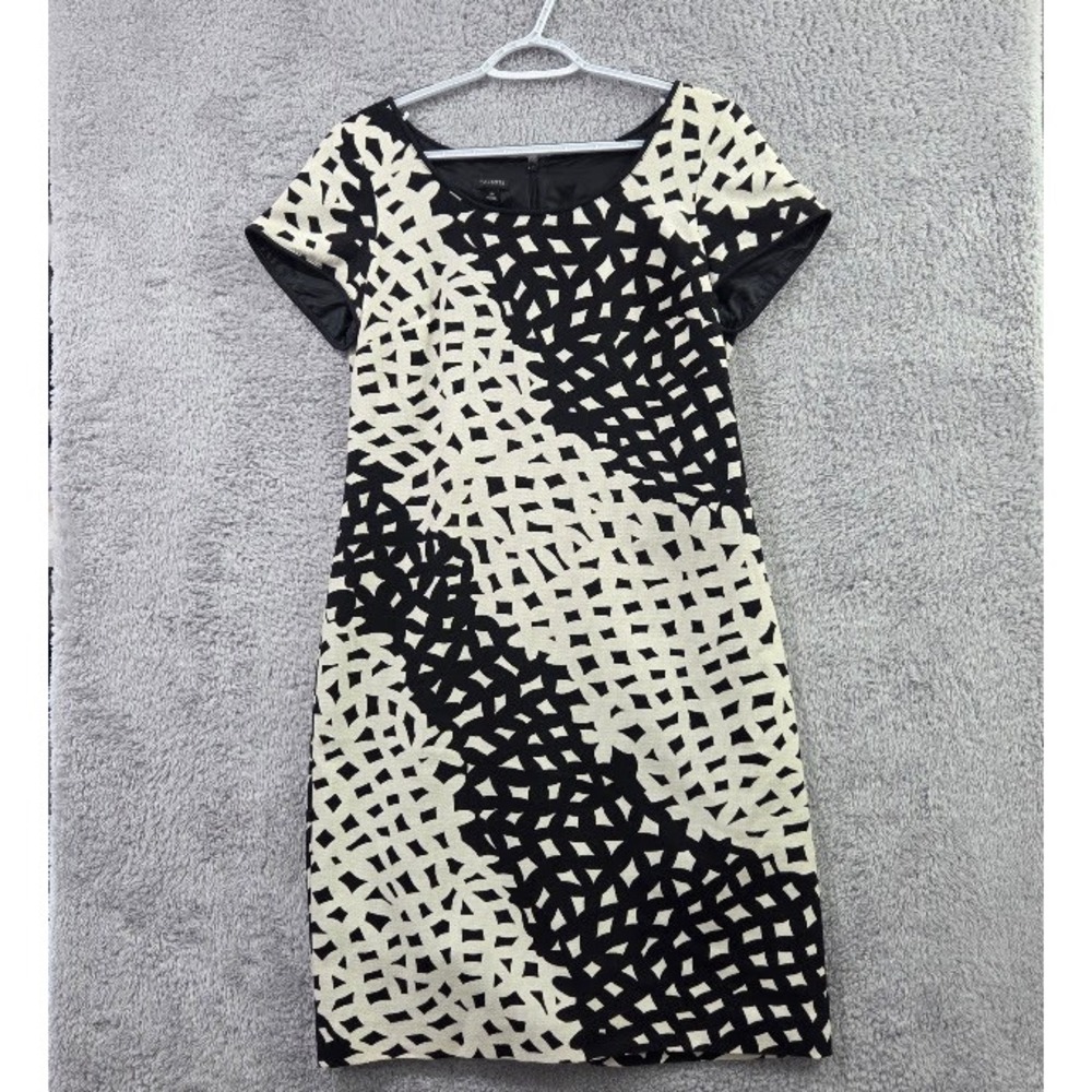 Talbots Sheath Dress Women's 10 Black Ivory Abstract Geometric Cotton Blend Work